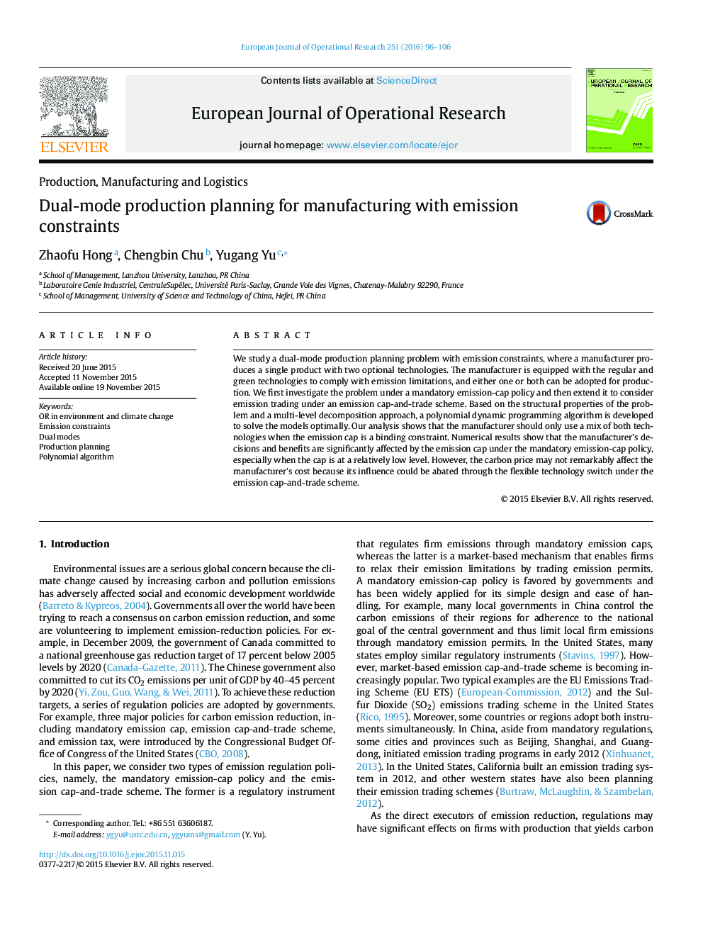 Dual-mode production planning for manufacturing with emission constraints