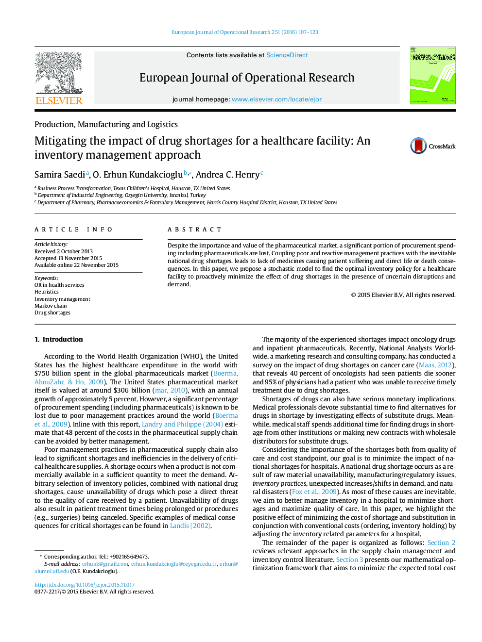 Mitigating the impact of drug shortages for a healthcare facility: An inventory management approach