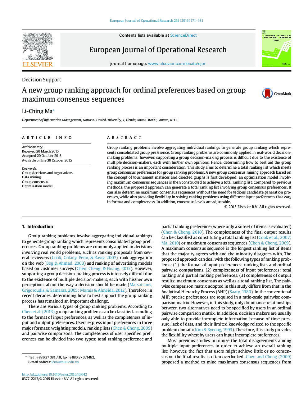 A new group ranking approach for ordinal preferences based on group maximum consensus sequences