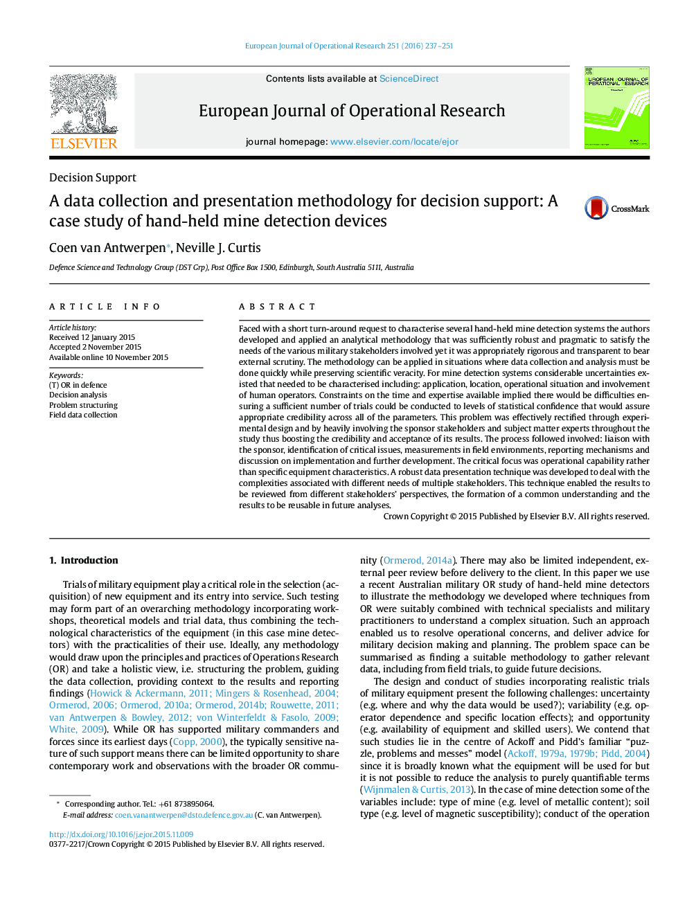 A data collection and presentation methodology for decision support: A case study of hand-held mine detection devices