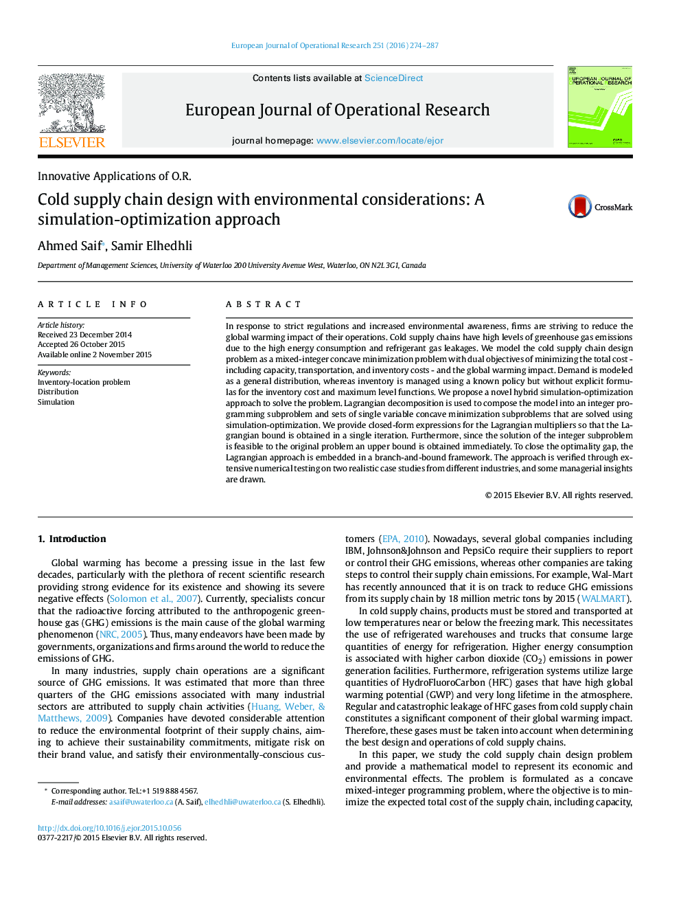 Cold supply chain design with environmental considerations: A simulation-optimization approach