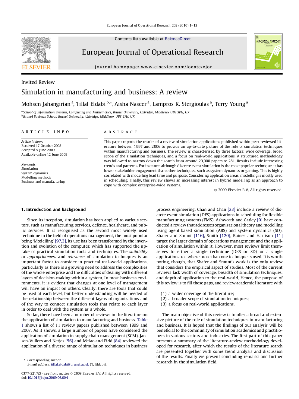 Simulation in manufacturing and business: A review