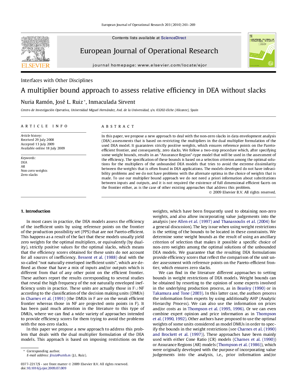 A multiplier bound approach to assess relative efficiency in DEA without slacks