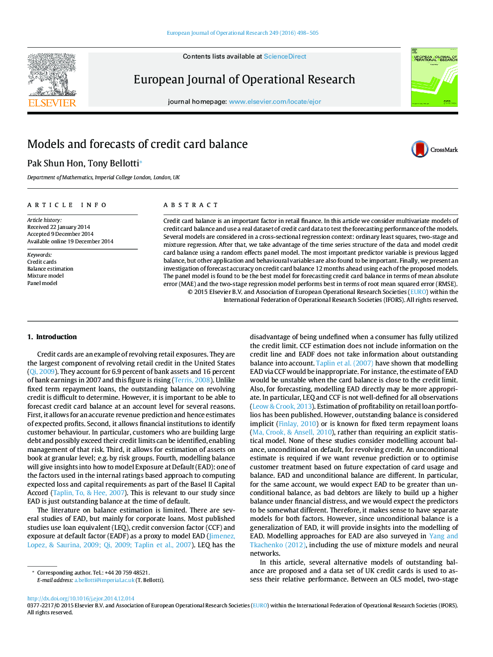 Models and forecasts of credit card balance