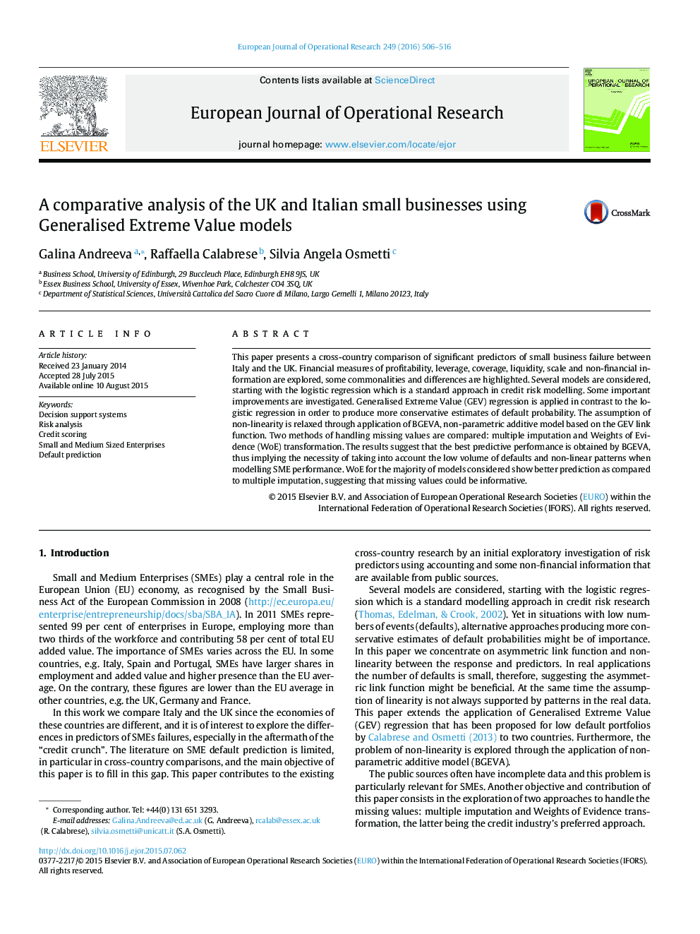 A comparative analysis of the UK and Italian small businesses using Generalised Extreme Value models