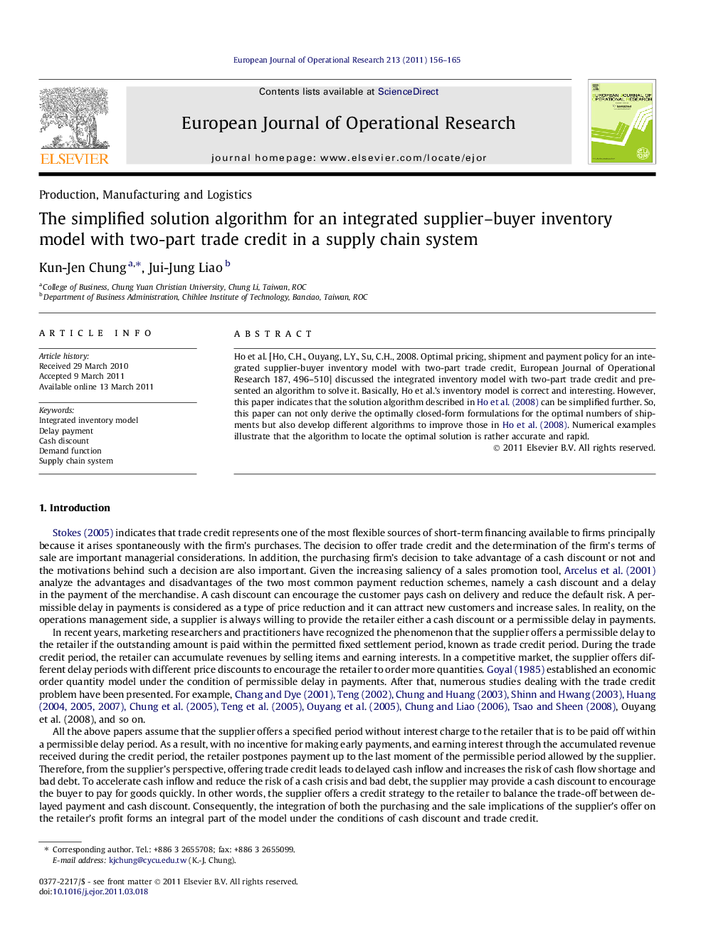 The simplified solution algorithm for an integrated supplier–buyer inventory model with two-part trade credit in a supply chain system