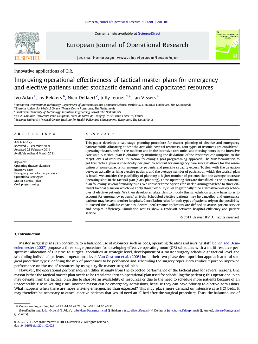 Improving operational effectiveness of tactical master plans for emergency and elective patients under stochastic demand and capacitated resources