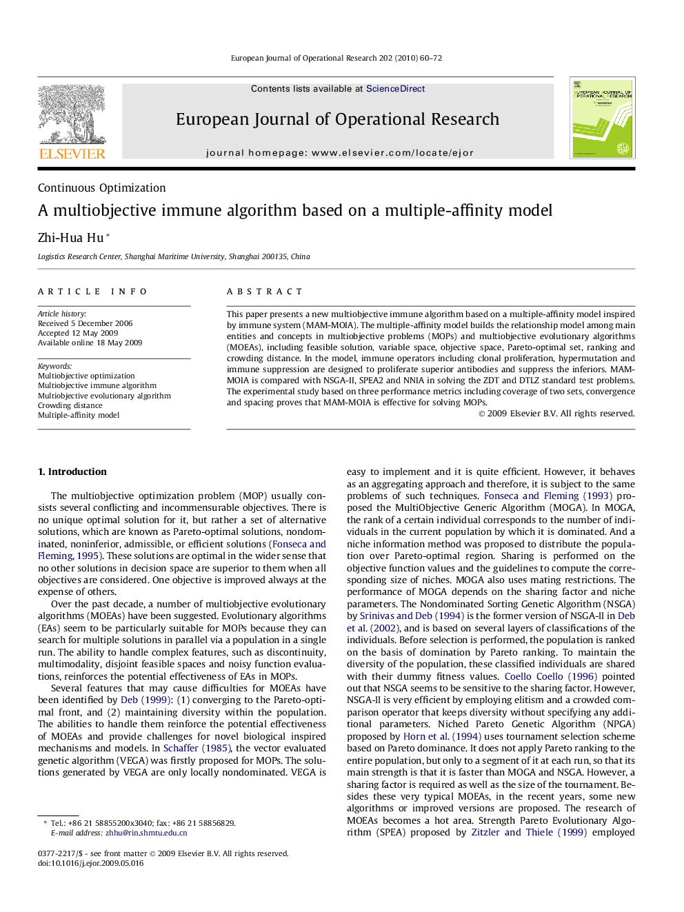 A multiobjective immune algorithm based on a multiple-affinity model