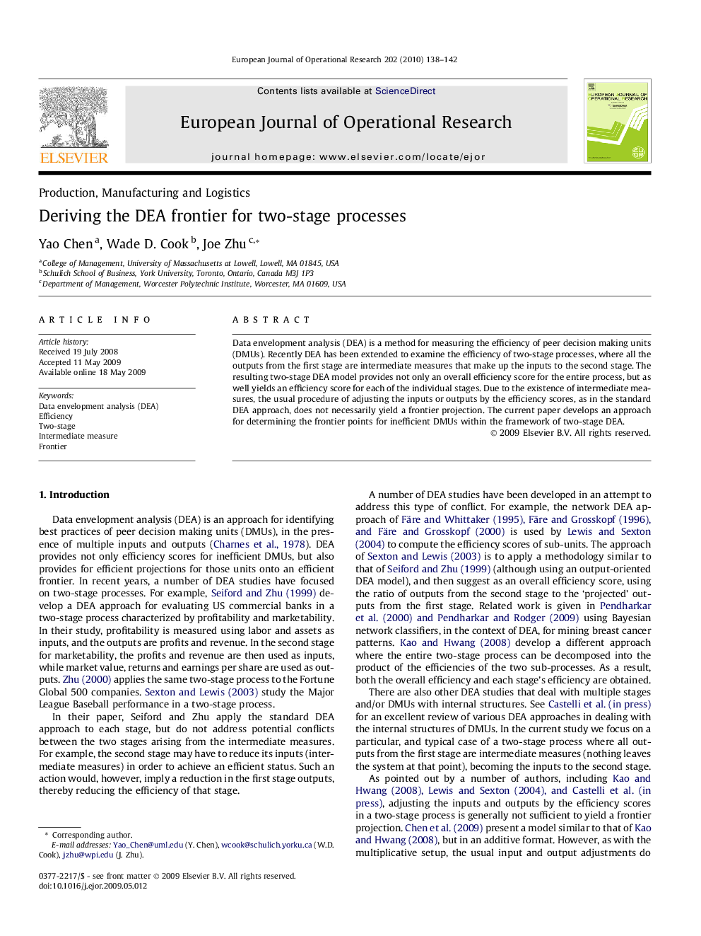 Deriving the DEA frontier for two-stage processes