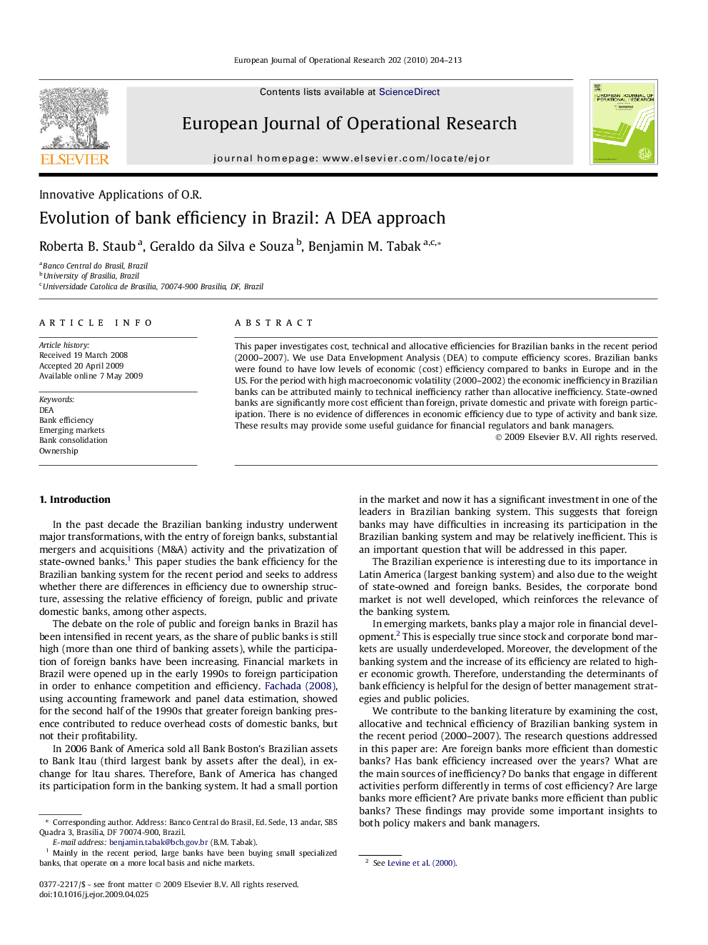 Evolution of bank efficiency in Brazil: A DEA approach