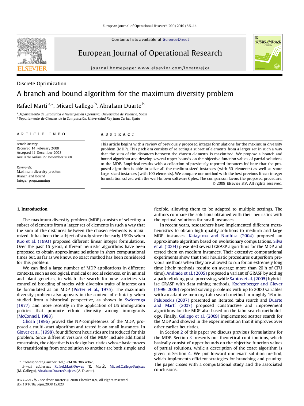 A branch and bound algorithm for the maximum diversity problem