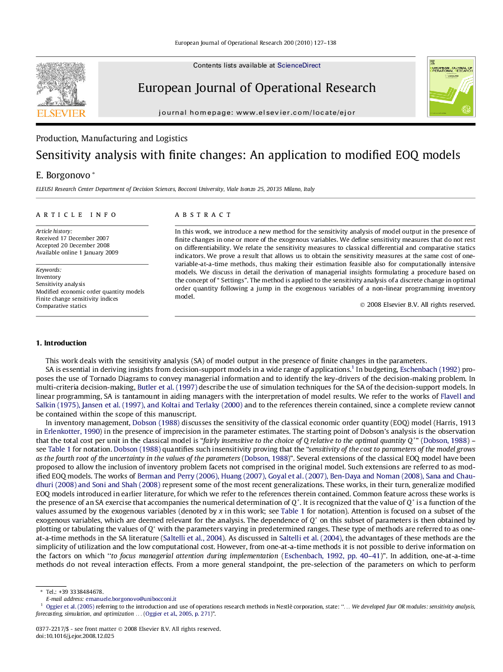 Sensitivity analysis with finite changes: An application to modified EOQ models