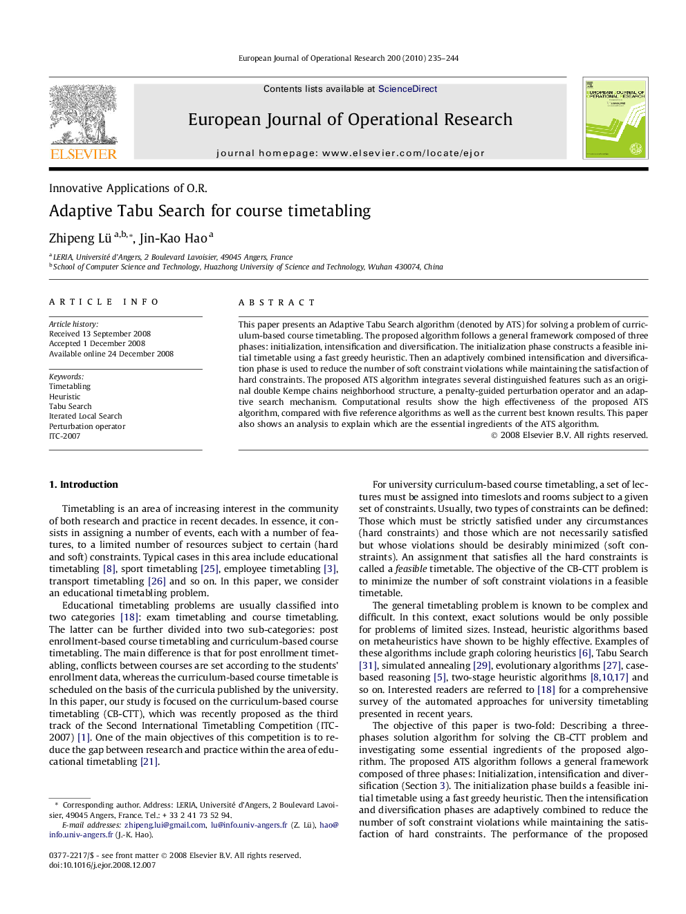 Adaptive Tabu Search for course timetabling