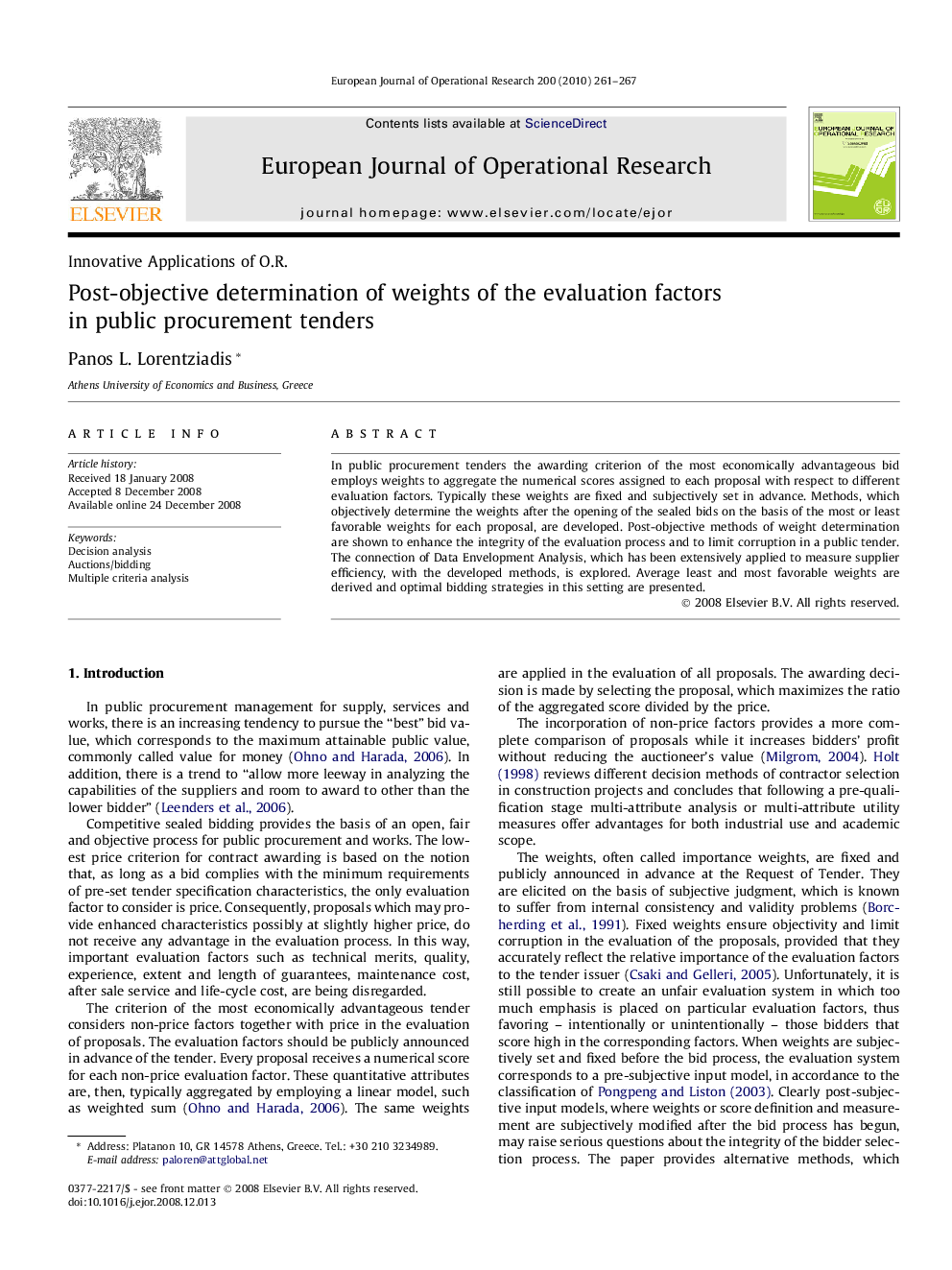 Post-objective determination of weights of the evaluation factors in public procurement tenders