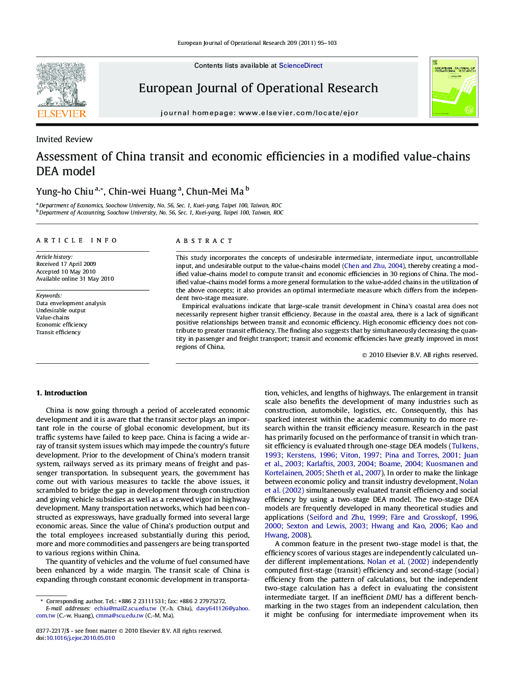 Assessment of China transit and economic efficiencies in a modified value-chains DEA model