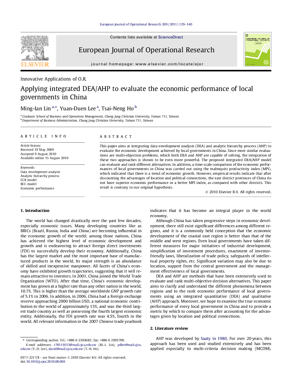 Applying integrated DEA/AHP to evaluate the economic performance of local governments in China