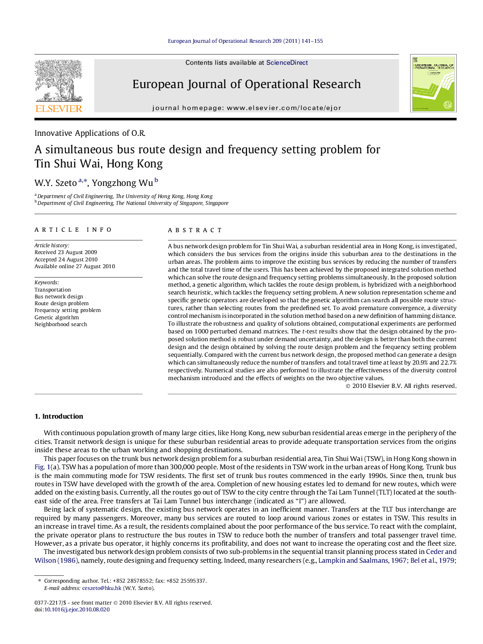 A simultaneous bus route design and frequency setting problem for Tin Shui Wai, Hong Kong