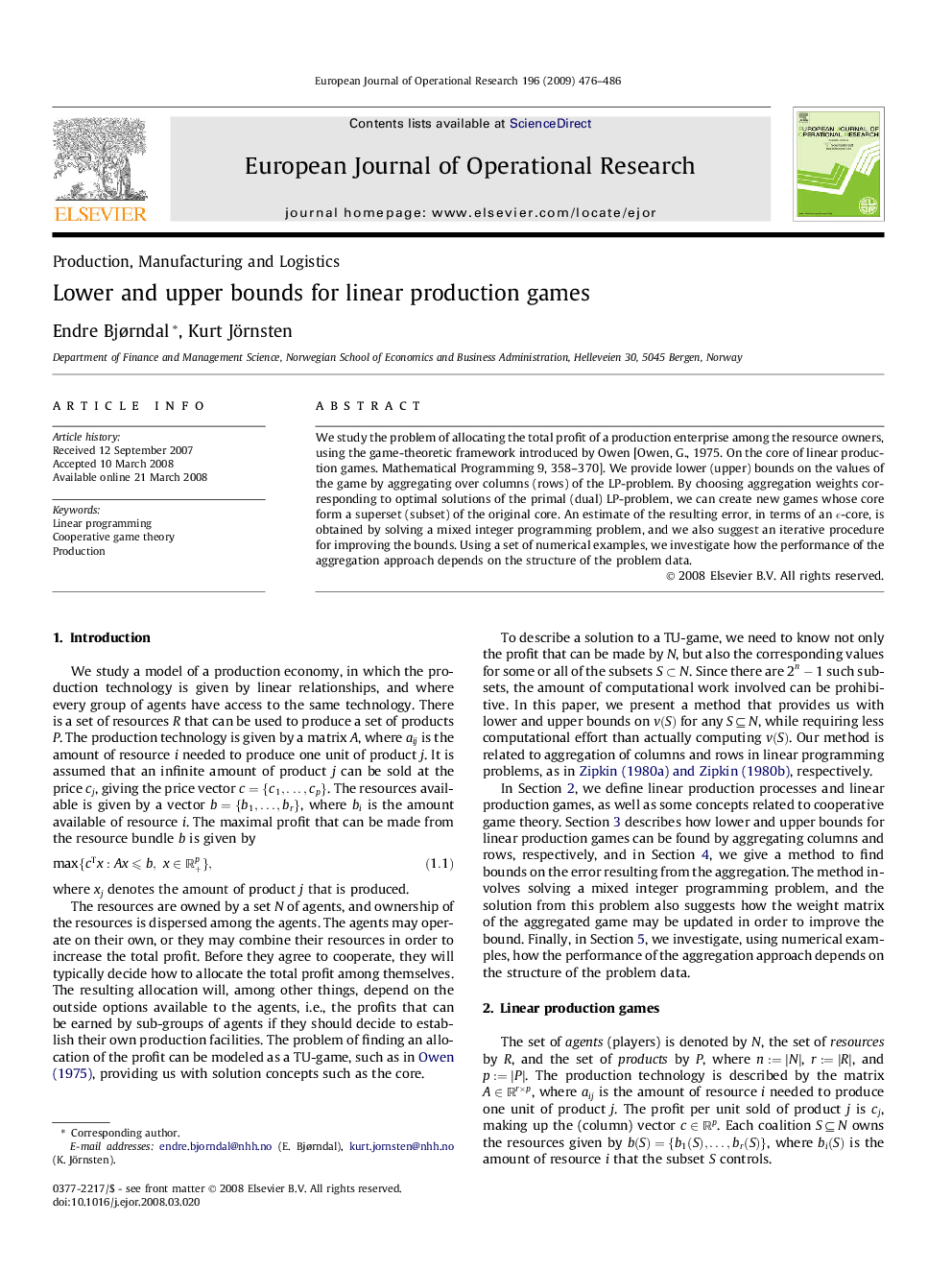 Lower and upper bounds for linear production games