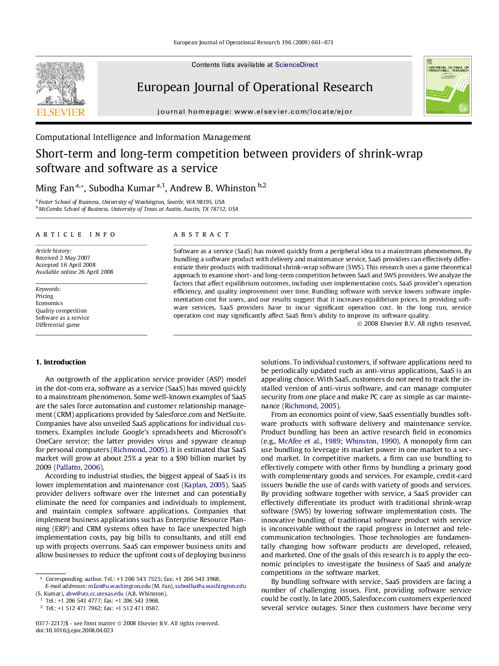 Short-term and long-term competition between providers of shrink-wrap software and software as a service