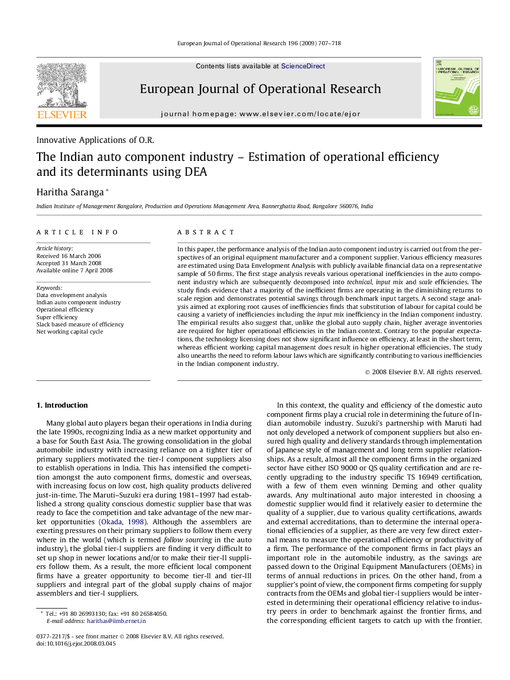 The Indian auto component industry – Estimation of operational efficiency and its determinants using DEA