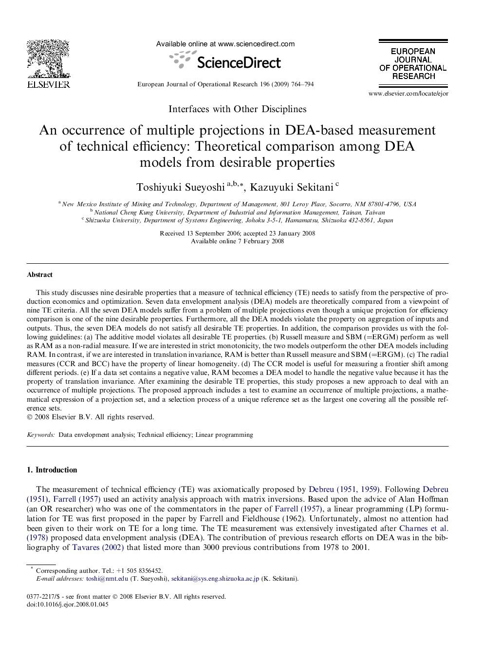 An occurrence of multiple projections in DEA-based measurement of technical efficiency: Theoretical comparison among DEA models from desirable properties