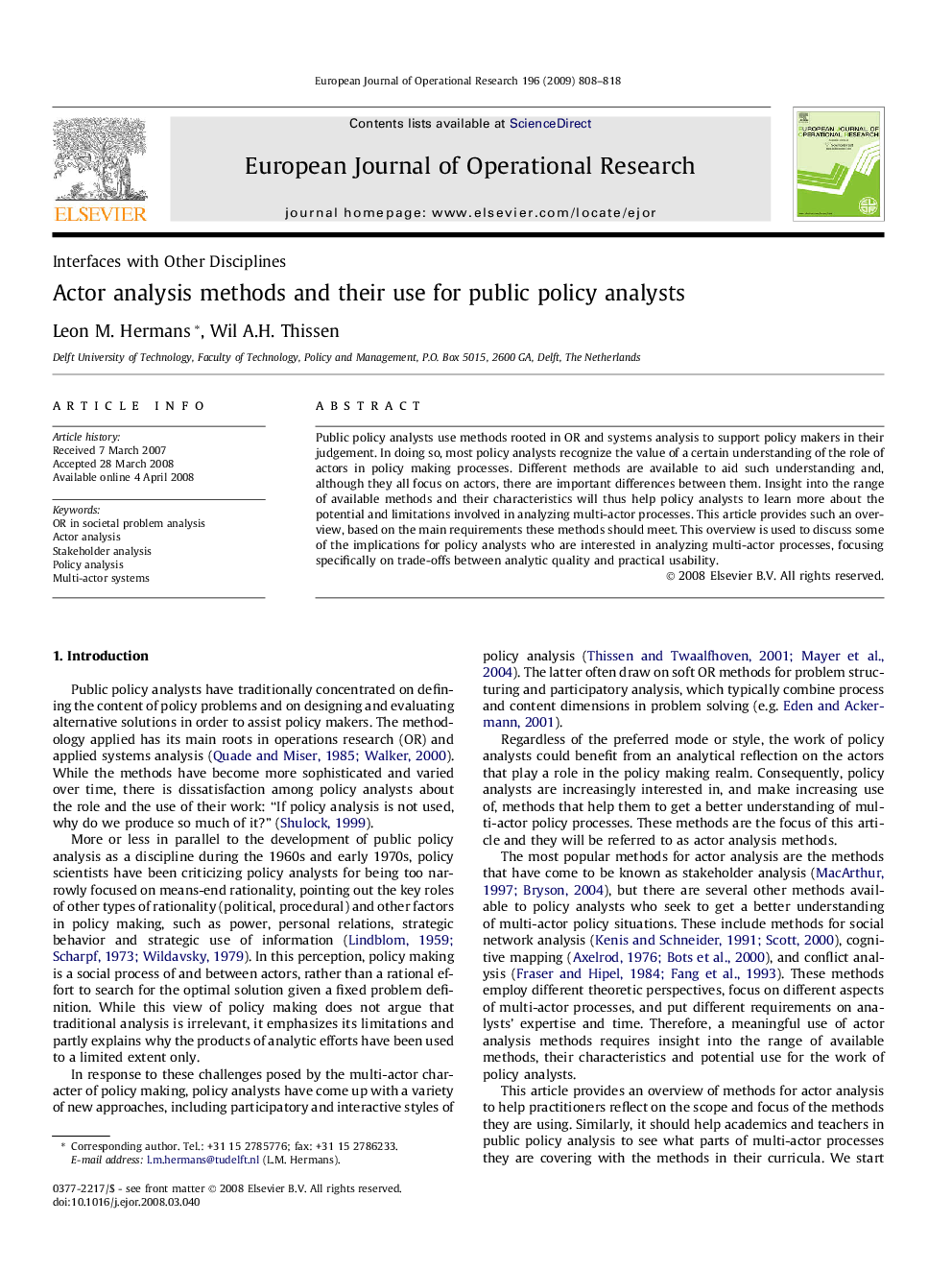 Actor analysis methods and their use for public policy analysts