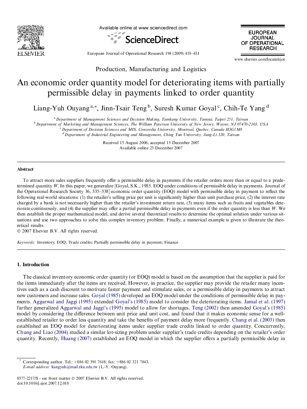 An economic order quantity model for deteriorating items with partially permissible delay in payments linked to order quantity