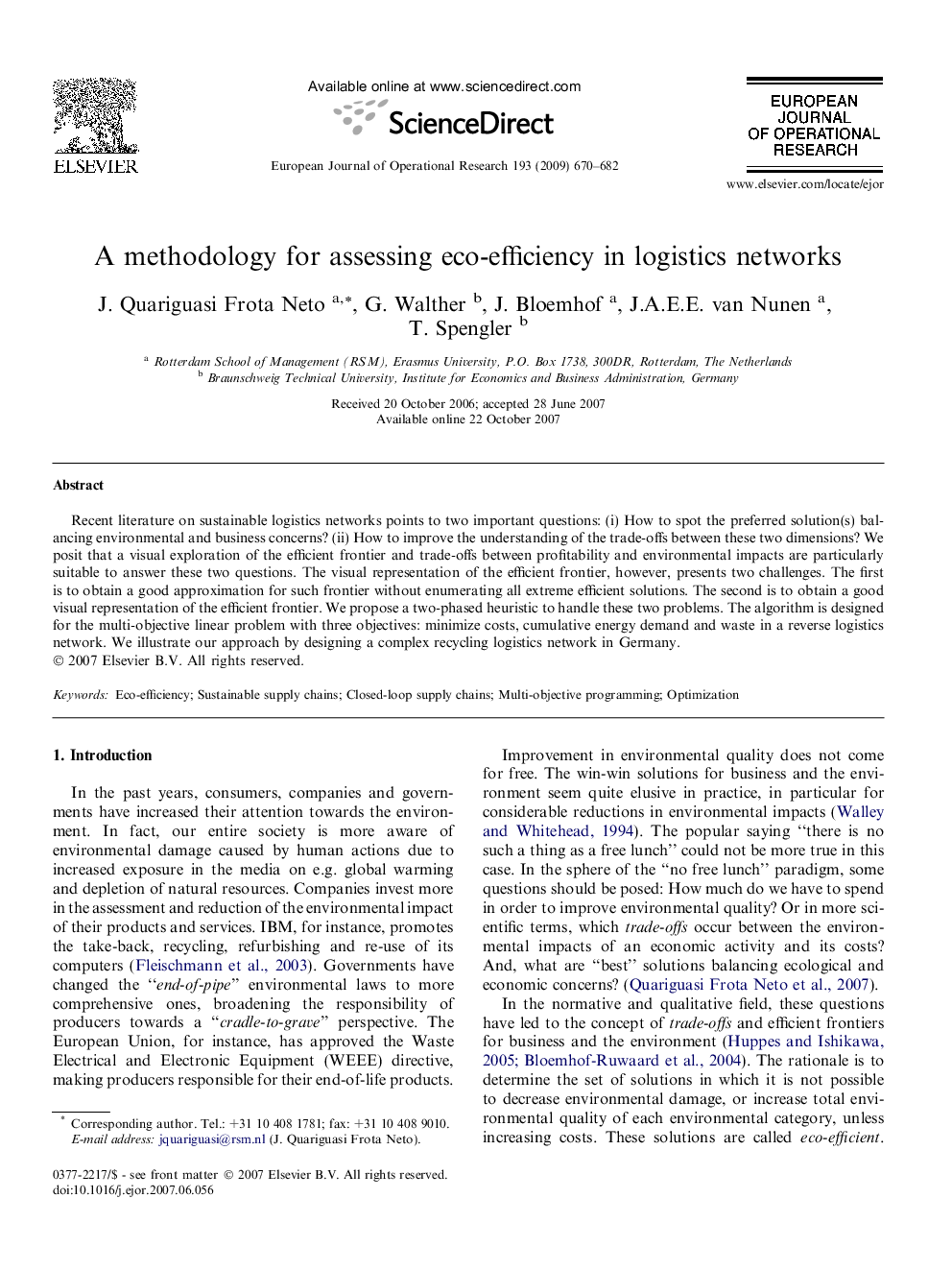 A methodology for assessing eco-efficiency in logistics networks