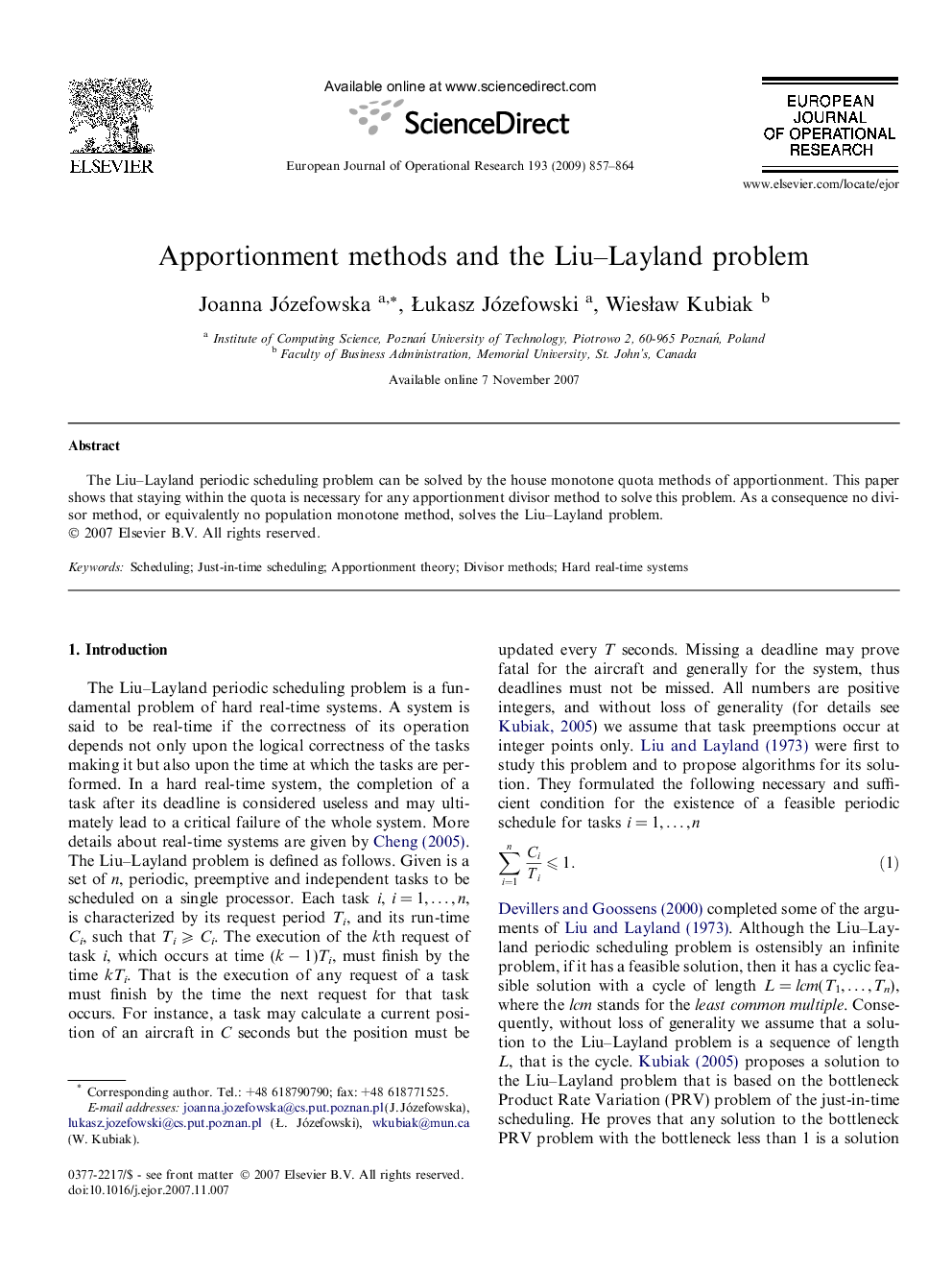 Apportionment methods and the Liu–Layland problem