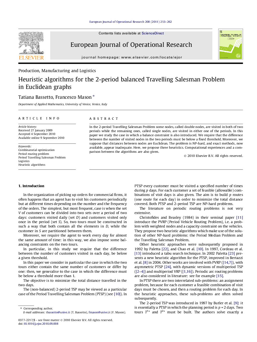 Heuristic algorithms for the 2-period balanced Travelling Salesman Problem in Euclidean graphs