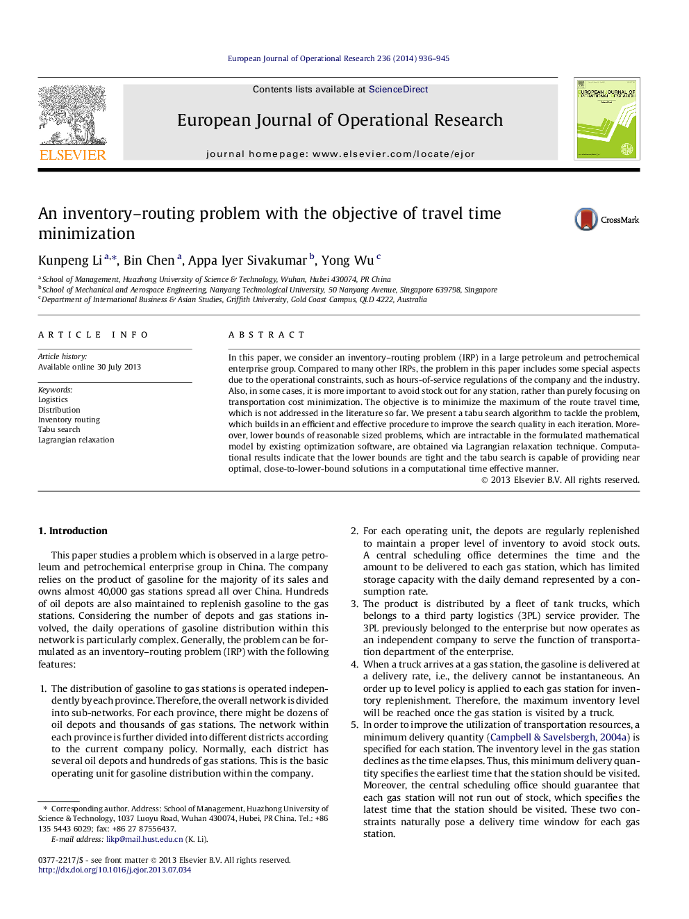 An inventory–routing problem with the objective of travel time minimization