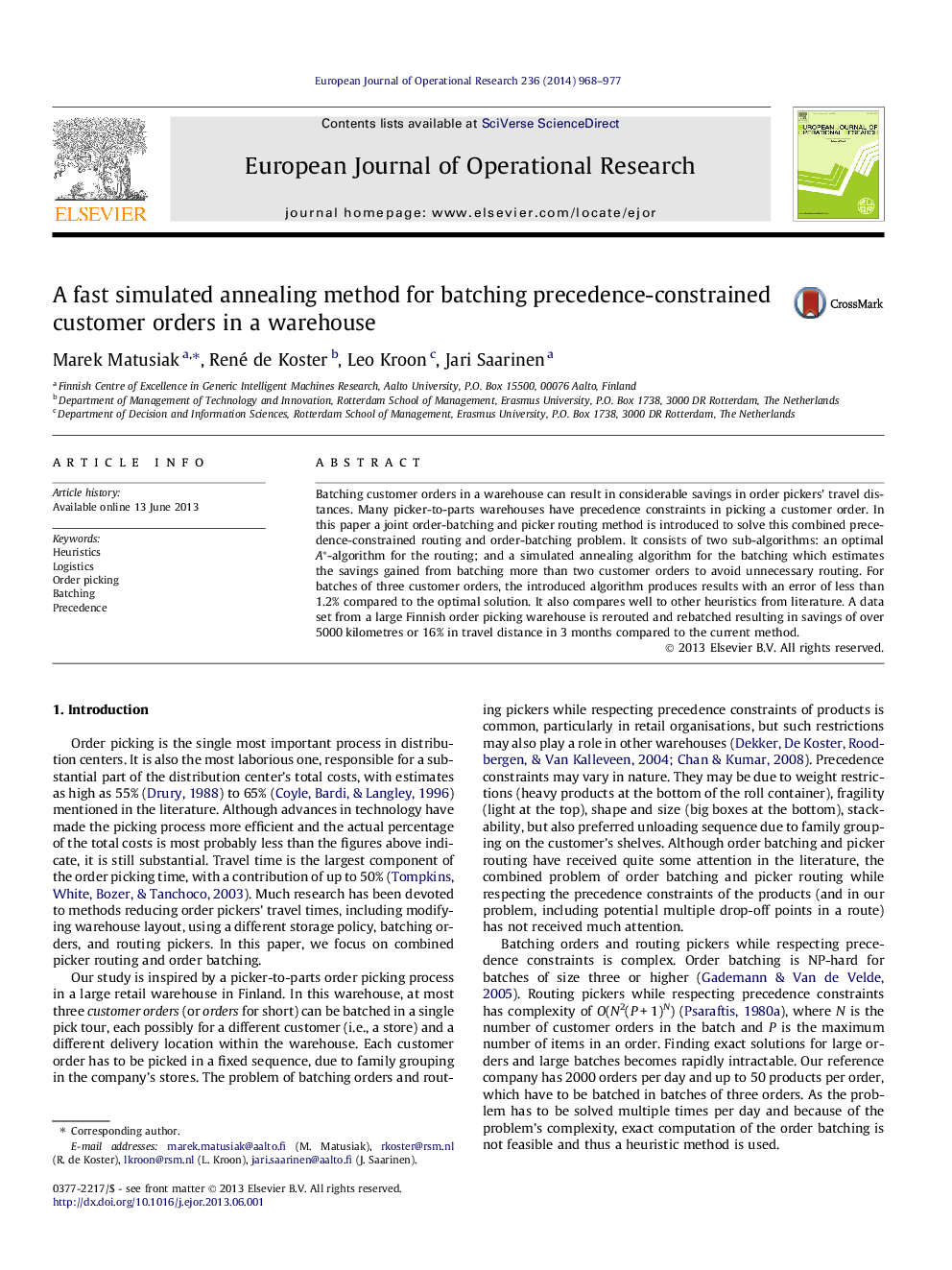 A fast simulated annealing method for batching precedence-constrained customer orders in a warehouse