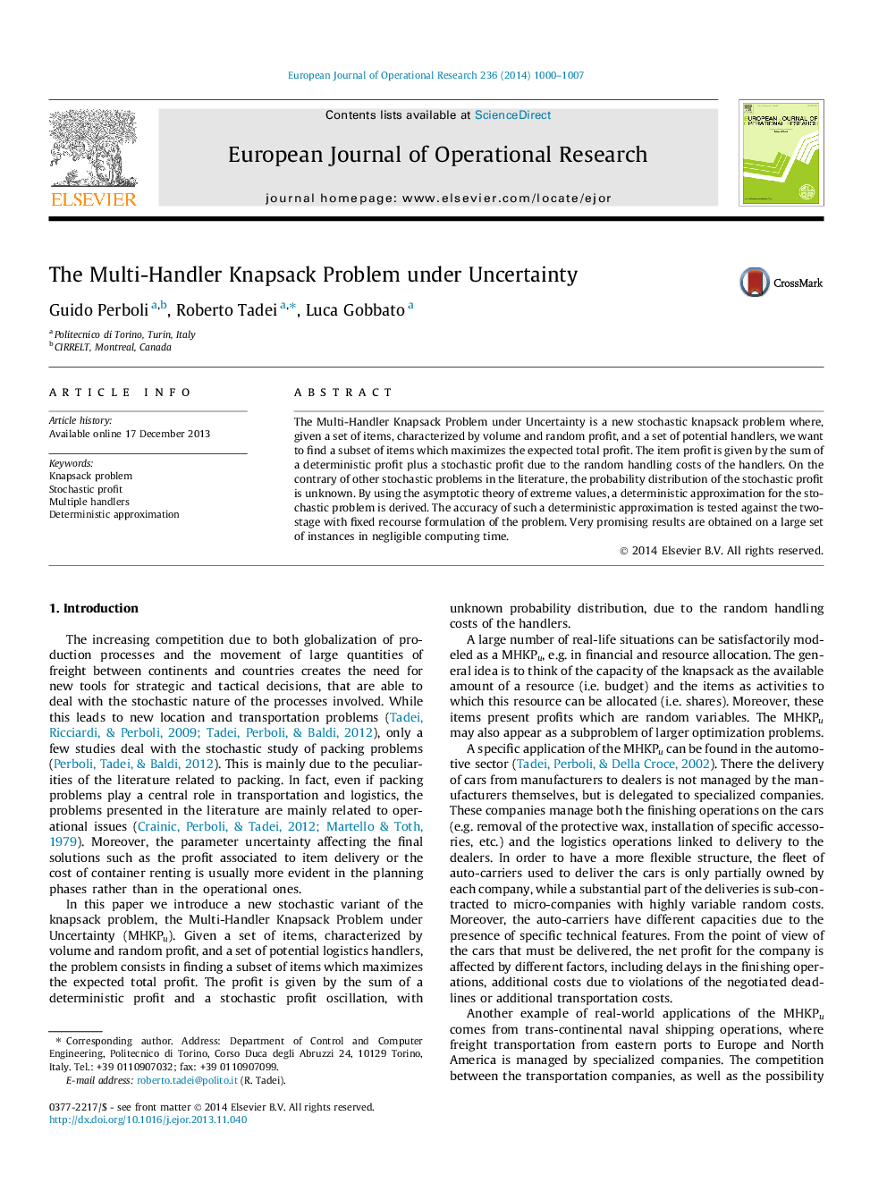 The Multi-Handler Knapsack Problem under Uncertainty