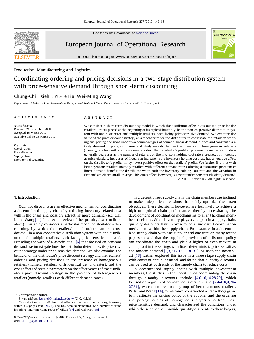 Coordinating ordering and pricing decisions in a two-stage distribution system with price-sensitive demand through short-term discounting