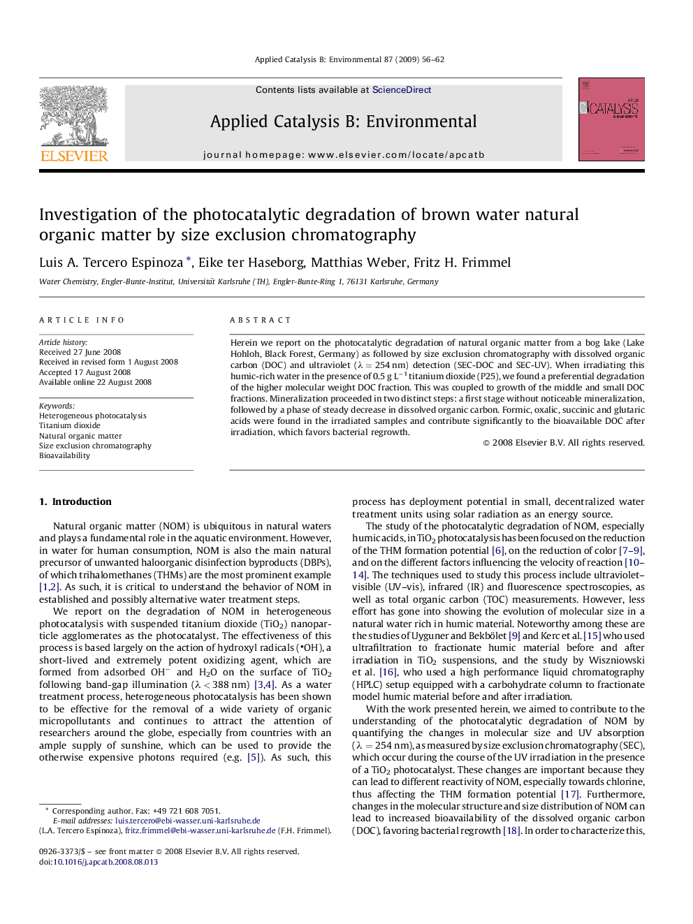 Investigation of the photocatalytic degradation of brown water natural organic matter by size exclusion chromatography