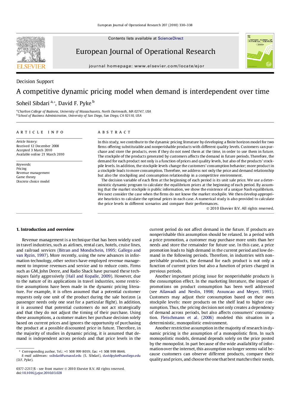 A competitive dynamic pricing model when demand is interdependent over time