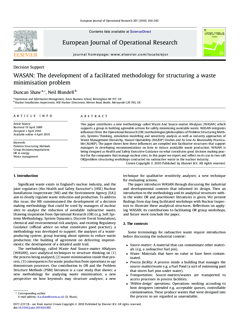 WASAN: The development of a facilitated methodology for structuring a waste minimisation problem