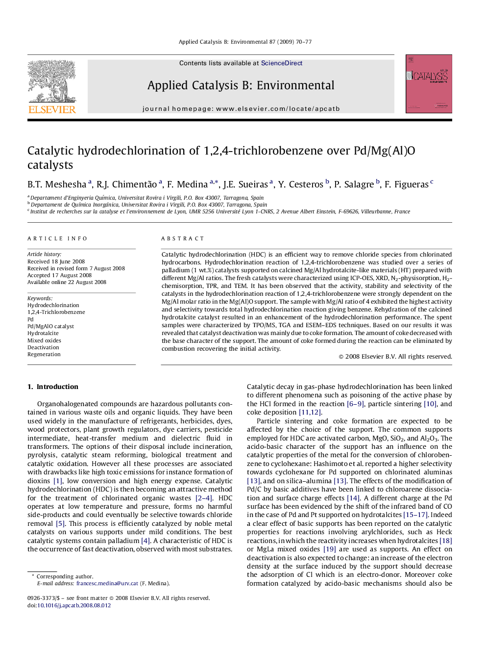 Catalytic hydrodechlorination of 1,2,4-trichlorobenzene over Pd/Mg(Al)O catalysts