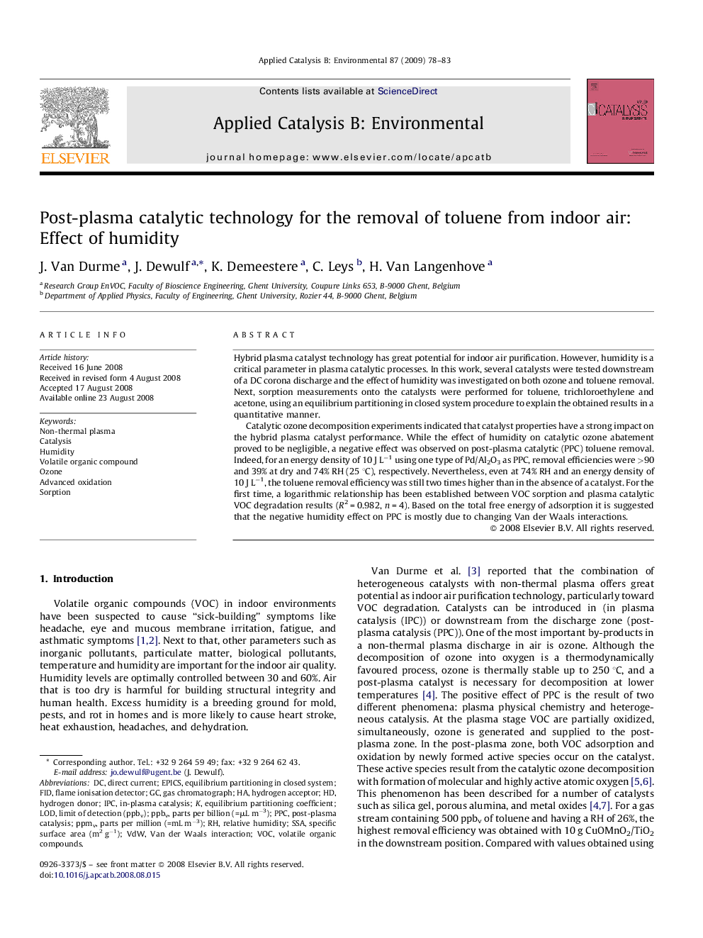 Post-plasma catalytic technology for the removal of toluene from indoor air: Effect of humidity