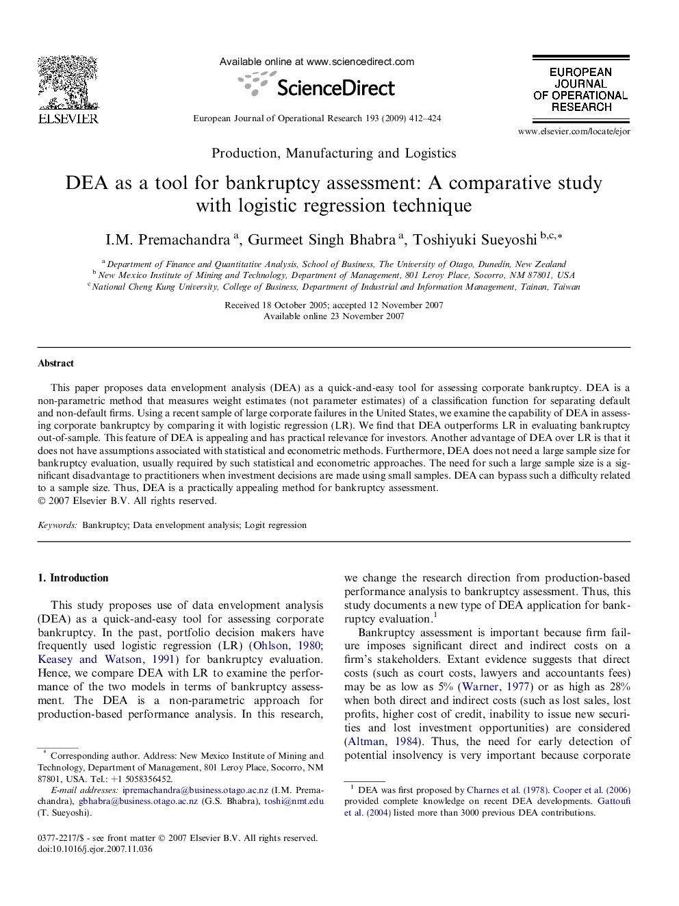 DEA as a tool for bankruptcy assessment: A comparative study with logistic regression technique