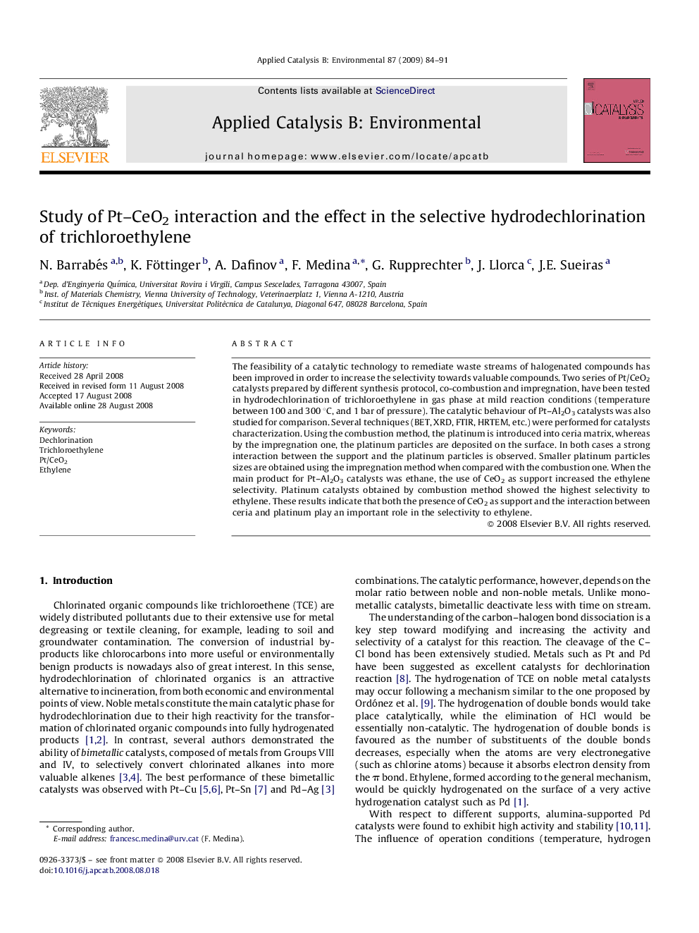 Study of Pt–CeO2 interaction and the effect in the selective hydrodechlorination of trichloroethylene