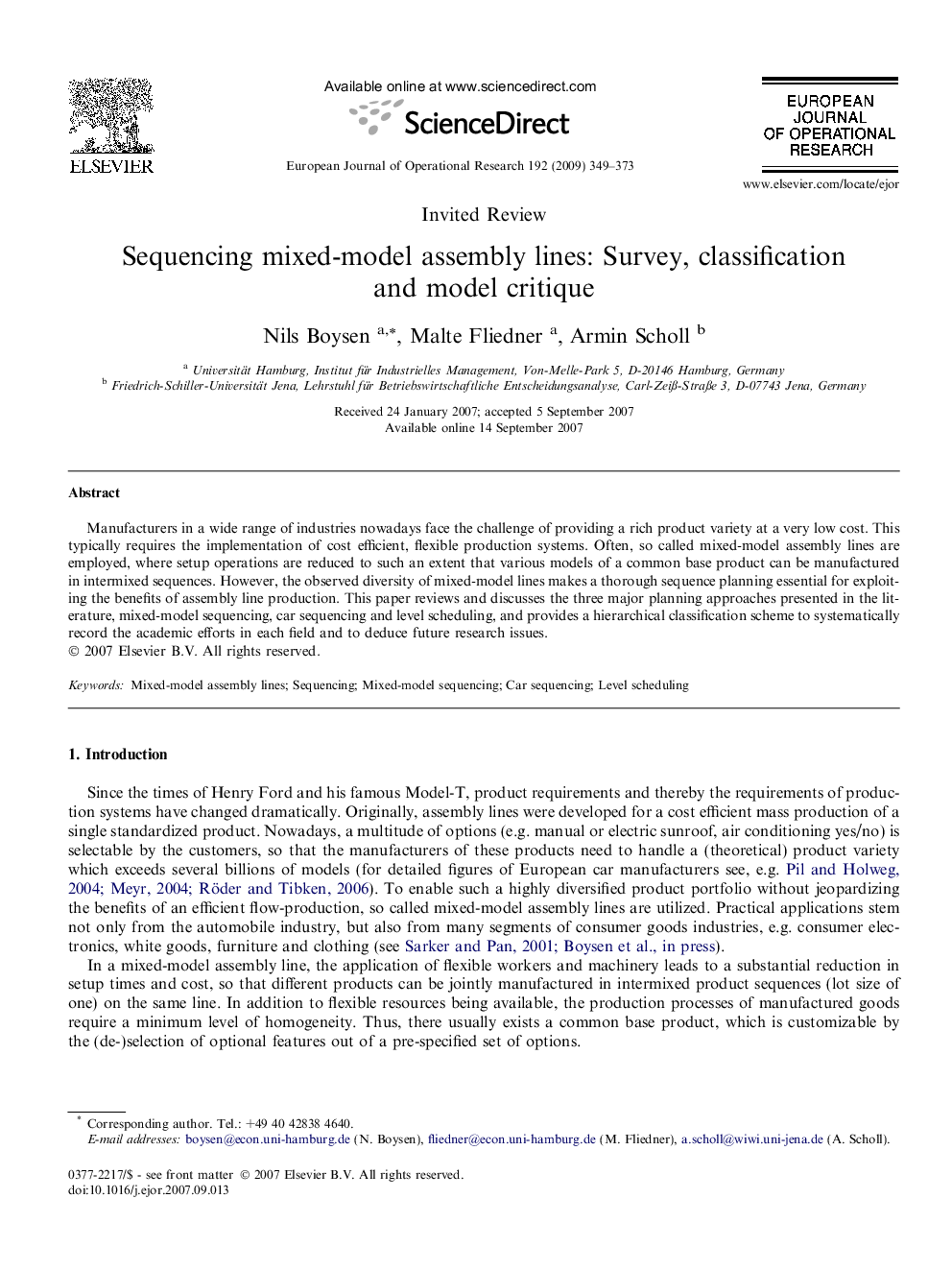 Sequencing mixed-model assembly lines: Survey, classification and model critique