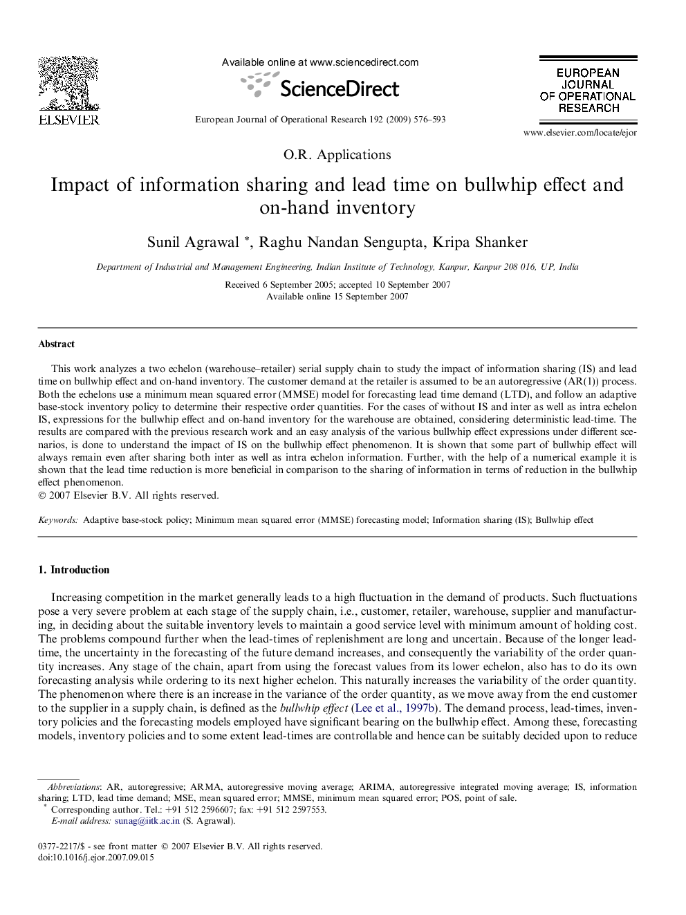 Impact of information sharing and lead time on bullwhip effect and on-hand inventory