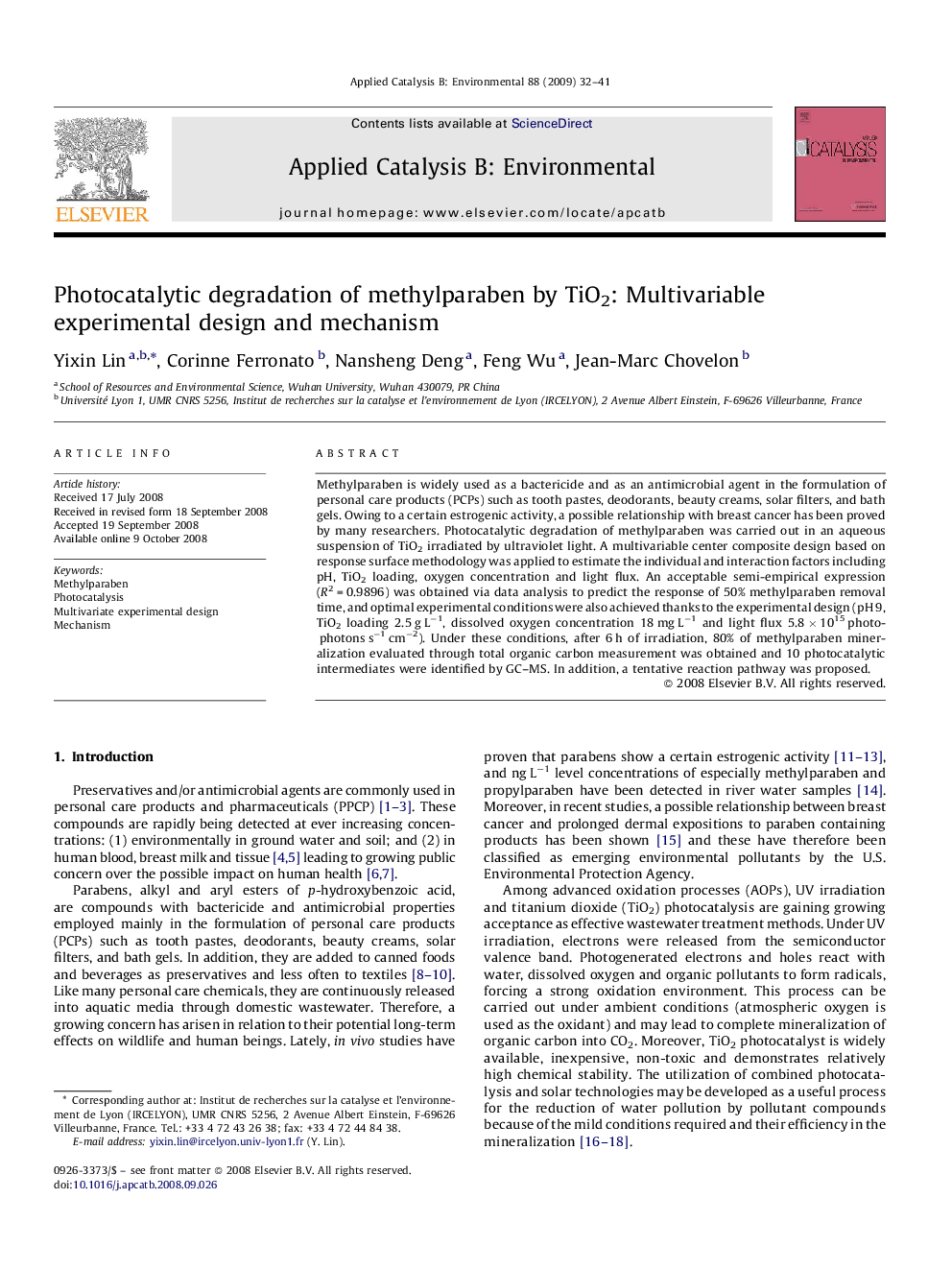 Photocatalytic degradation of methylparaben by TiO2: Multivariable experimental design and mechanism