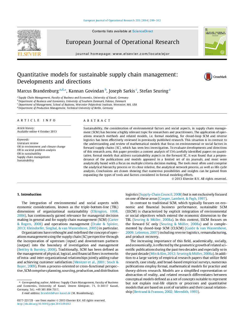 Quantitative models for sustainable supply chain management: Developments and directions