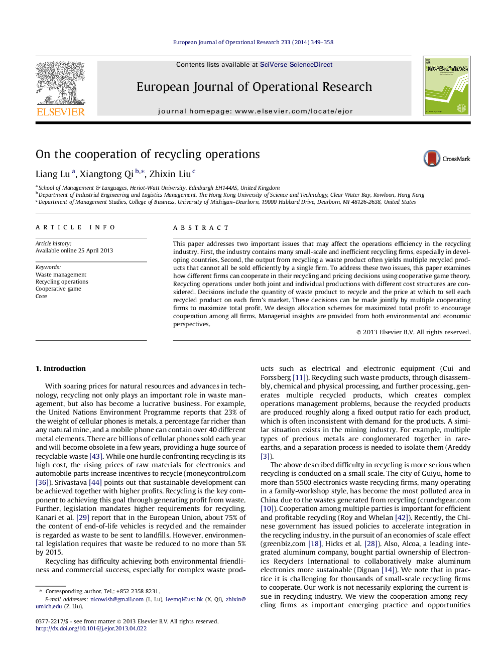 On the cooperation of recycling operations