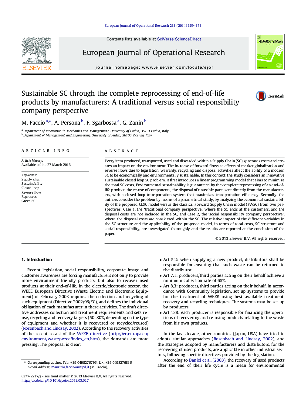 Sustainable SC through the complete reprocessing of end-of-life products by manufacturers: A traditional versus social responsibility company perspective