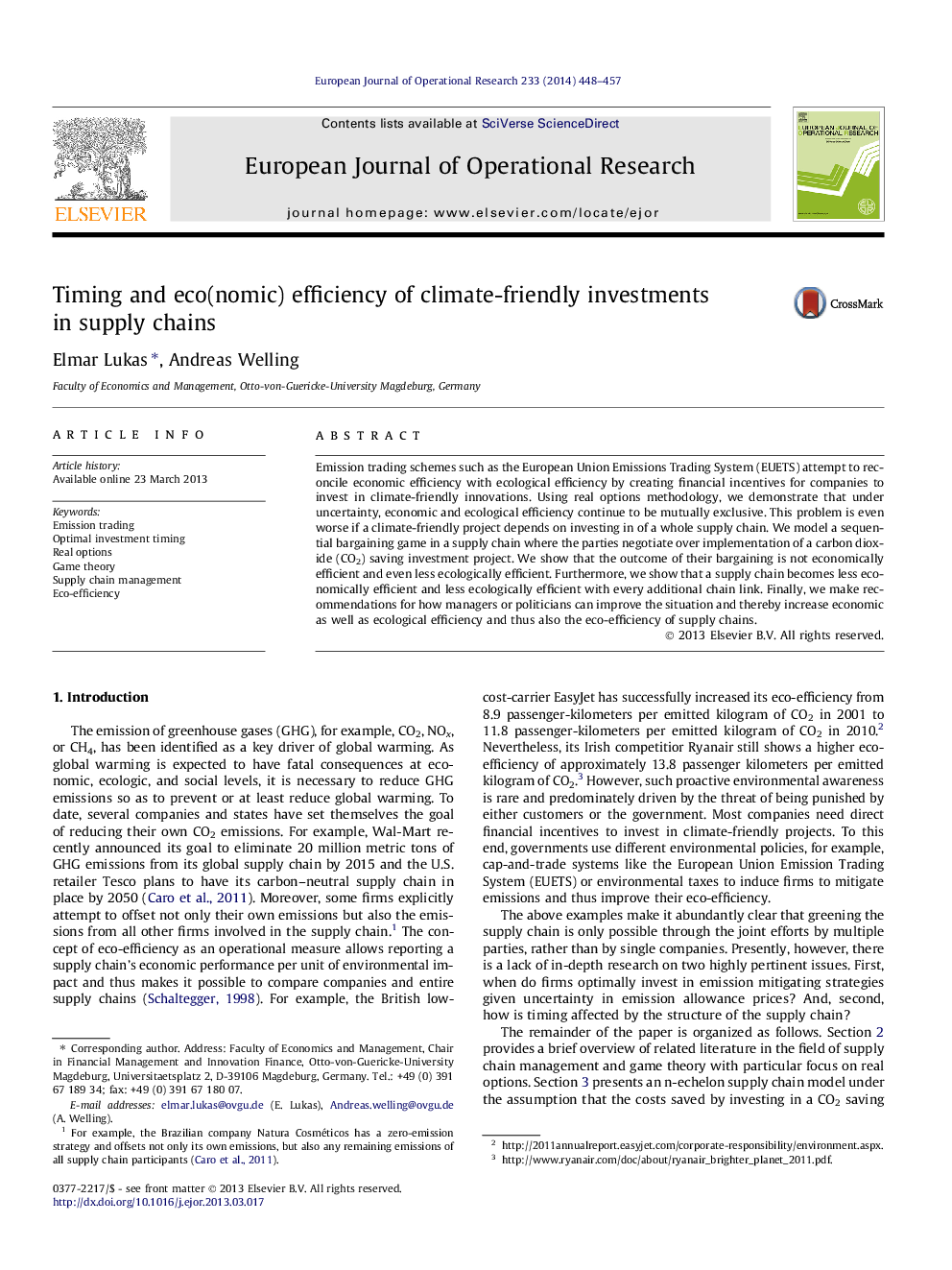 Timing and eco(nomic) efficiency of climate-friendly investments in supply chains