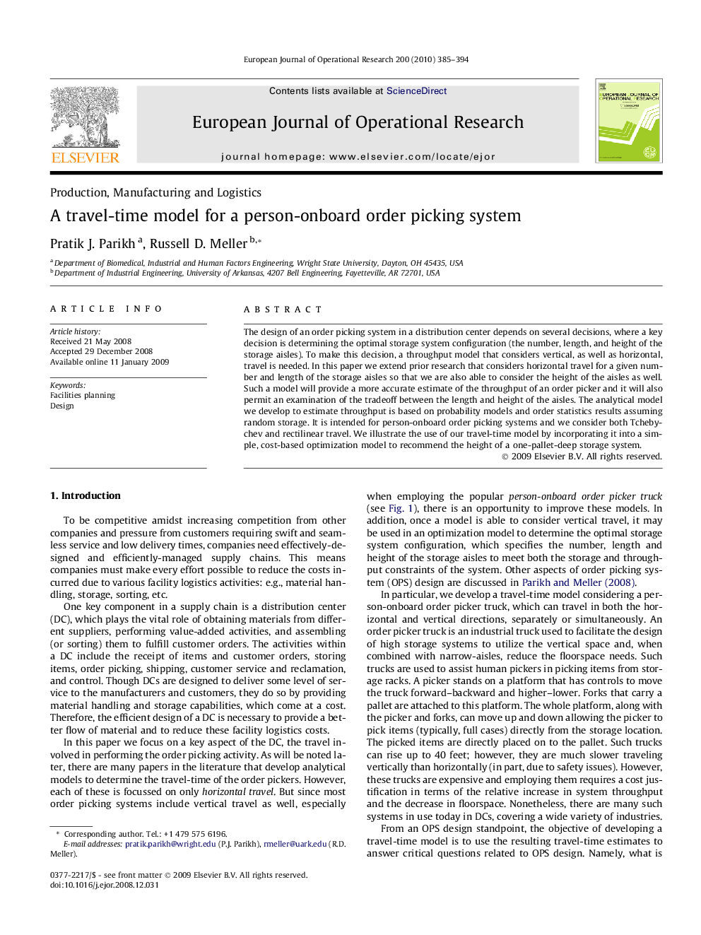 A travel-time model for a person-onboard order picking system