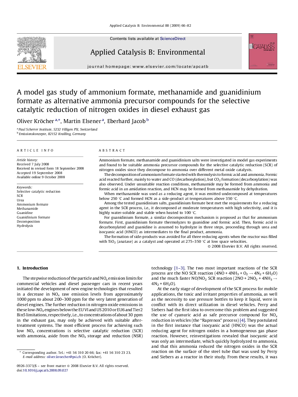 A model gas study of ammonium formate, methanamide and guanidinium formate as alternative ammonia precursor compounds for the selective catalytic reduction of nitrogen oxides in diesel exhaust gas